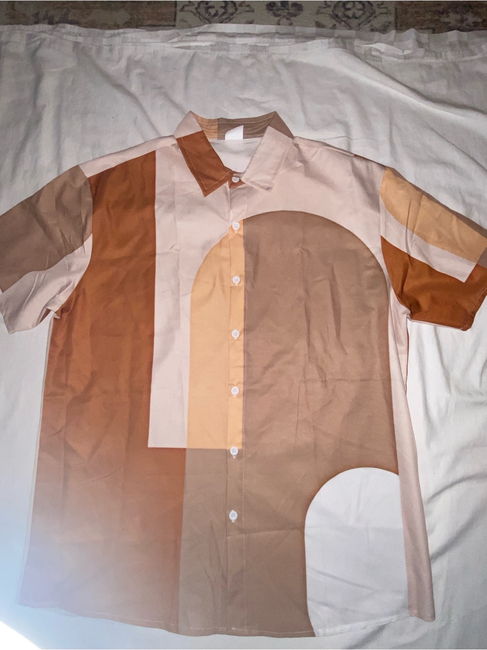 Casual Geo-Panel Short Sleeve Button-Down Shirt — Brown & Tan